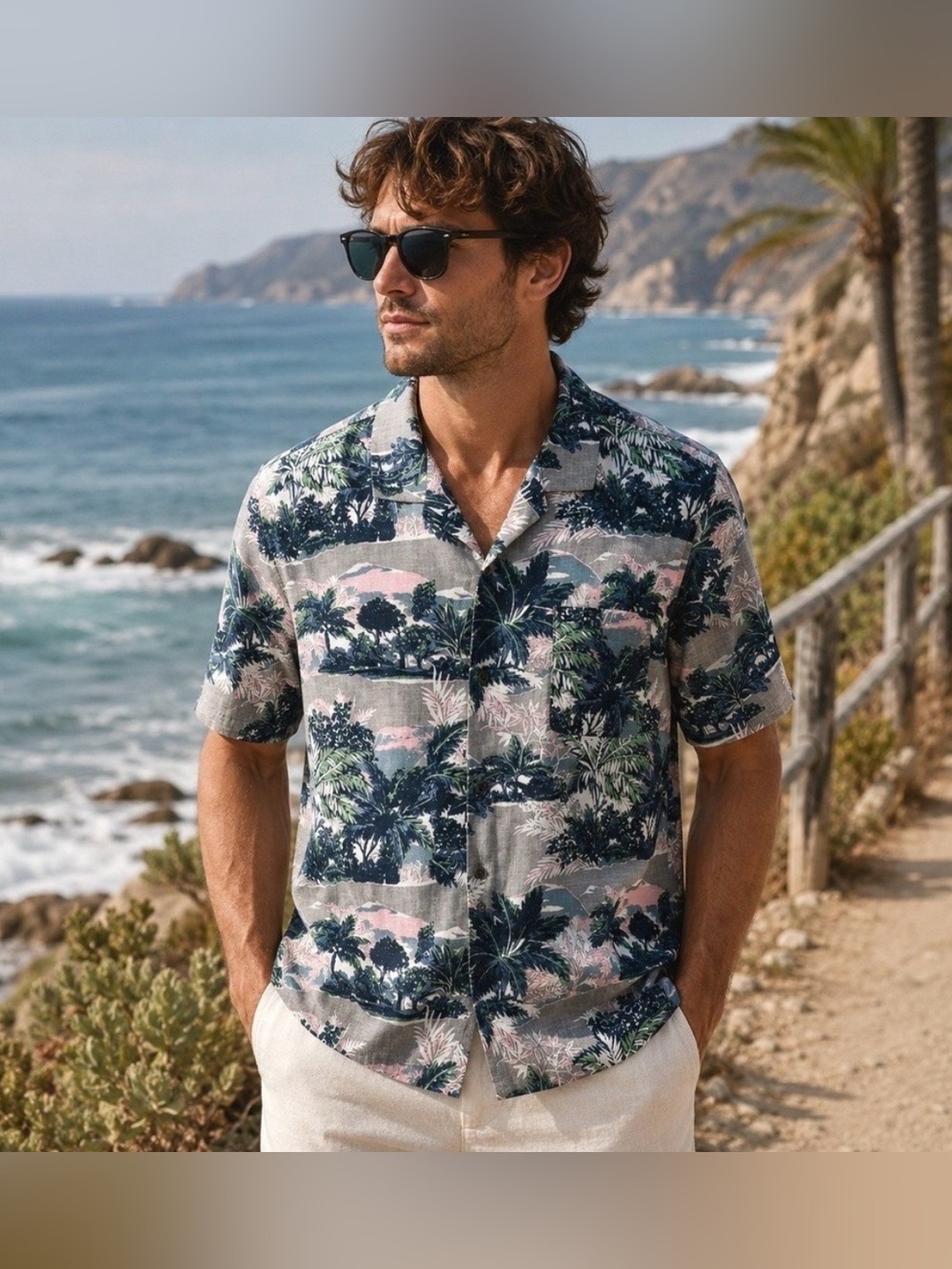 OUTERKNOWN | HAWAIIAN BBQ BUTTON DOWN SHIRT SHORT SLEEVE PALM TREE PRINT LARGE